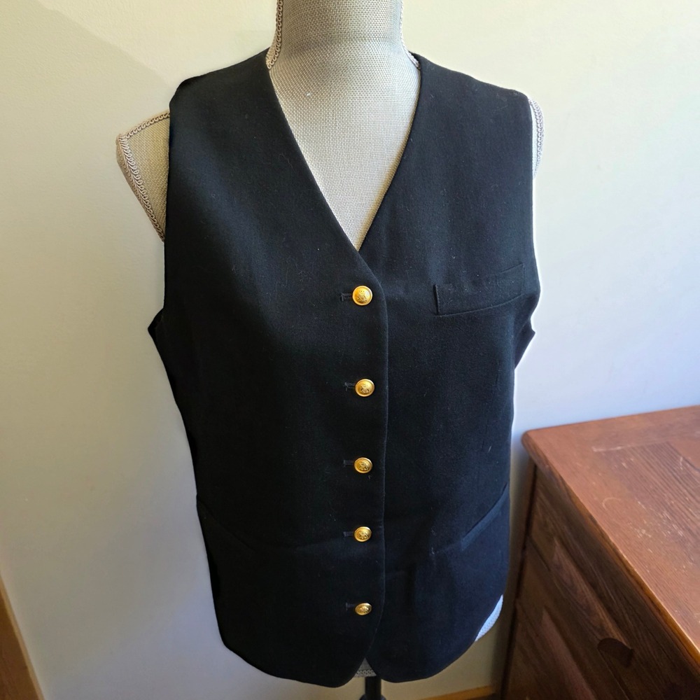 Lauren Ralph Lauren Black Worsted Wool Vest Old Money Academia Gold Button 14